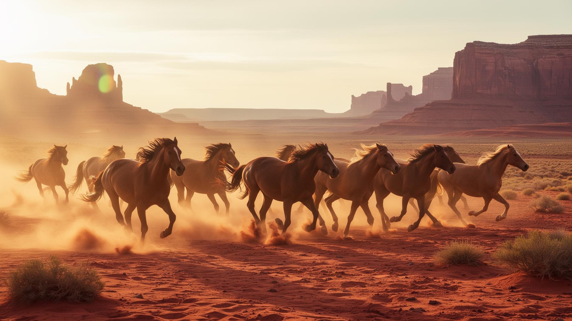 Horses running across the open desert at golden hour